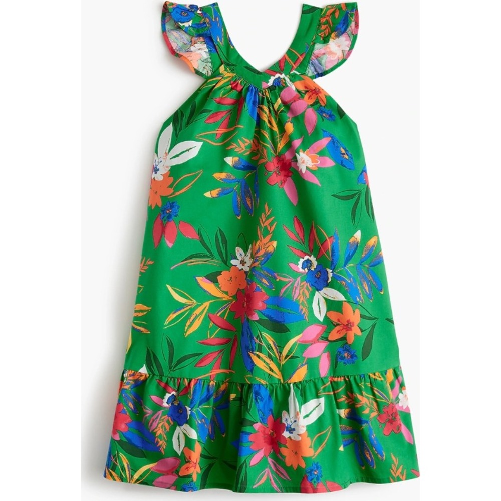 Crewcuts J Crew Girls Green Tropical Floral Ruffle Tiered Dress Size 12 NWT $80